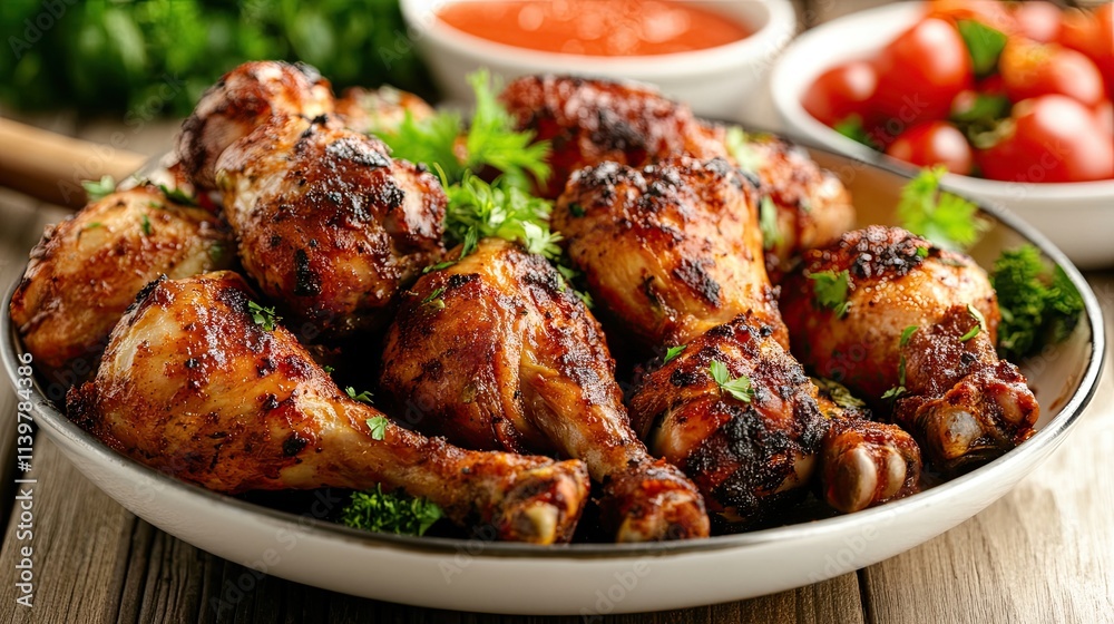 Succulent Grilled Chicken Drumsticks with Fresh Ingredients and Sauce Succulent Grilled Chicken Drumsticks with Fresh Ingredients and Sauce