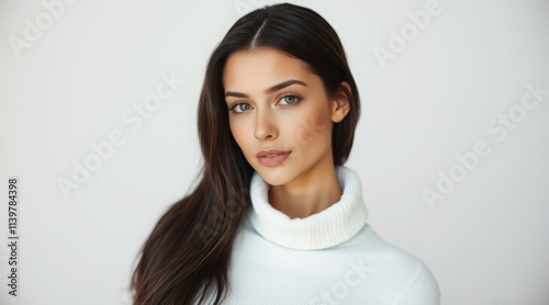 Elegant woman with long dark hair wearing a white turtleneck, posing against a soft background