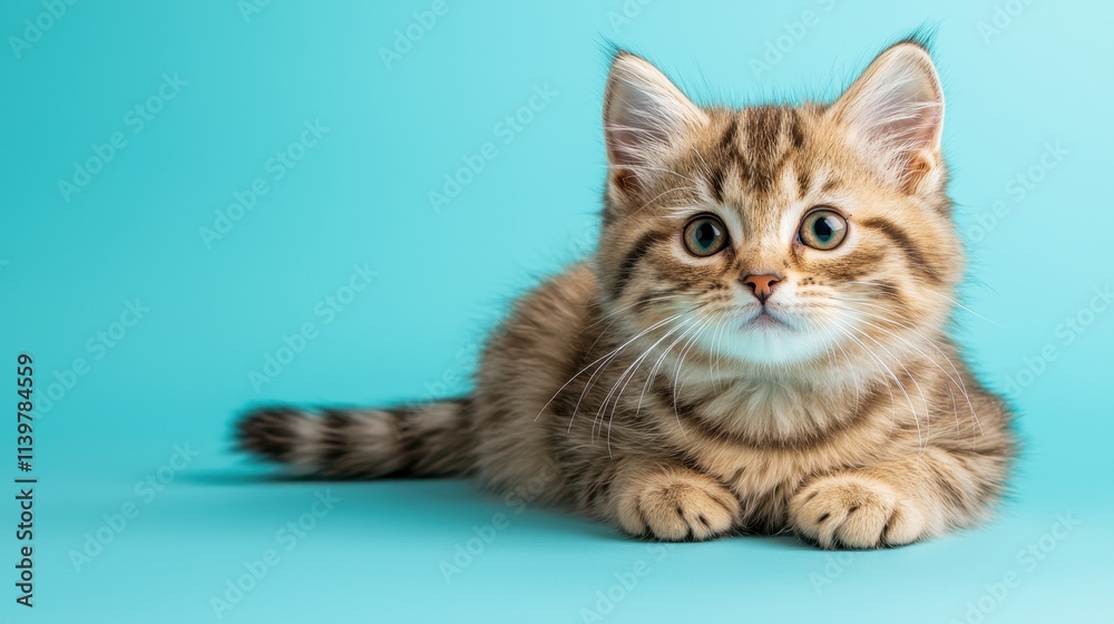 Cute fluffy kitten with bright blue background looking curiously at the camera Cute fluffy kitten with bright blue background looking curiously at the camera
