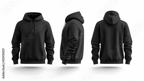 Men�s black blank hoodie template displayed from two sides on an invisible mannequin for mockup purposes. photo