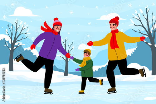 Winter illustration family ice skating. Mother, father and son are skating in the park. Vector, flat.
