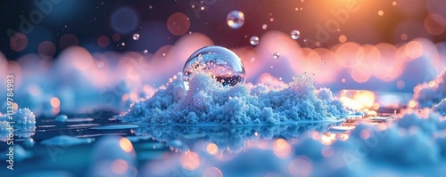 Bubbles rise from the surface of a soapy liquid, bubble solution, soap bubble, sudsy