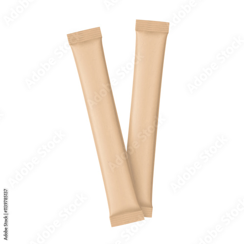 Kraft stick package bags mockups set powder, granulated products. Front view. Vector illustration isolated on white background. Can be use for template your design. EPS10.