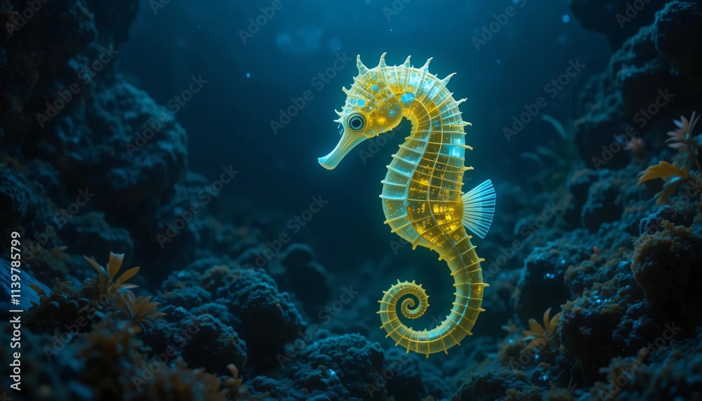 a glowing seahorse floating in the deep sea, with its fins and body emitting a soft glow in the dark ocean atmosphere, surrounded by rocks and various seaweeds. a glowing seahorse floating in the deep sea, with its fins and body emitting a soft glow in the dark ocean atmosphere, surrounded by rocks and various seaweeds.