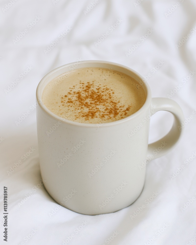 Creamy coffee in a beige mug on white bedding. Creamy coffee in a beige mug on white bedding.