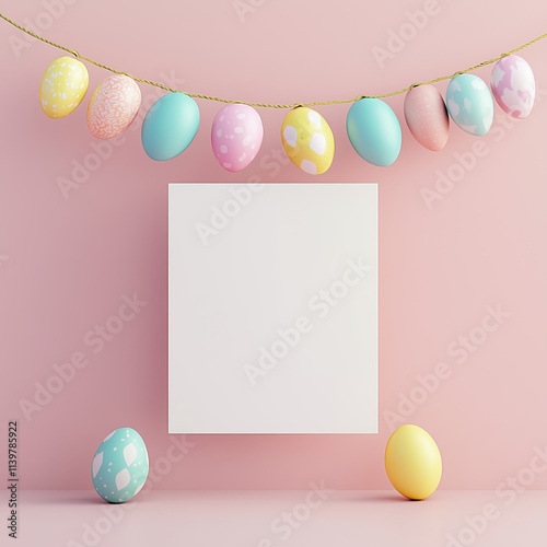 Simple mockup of Easter card. Blank Easter frame template hunging on pink wall with pastel color Easter egg garland draped over it. Empty Easter card template. White paper sheet mockup photo