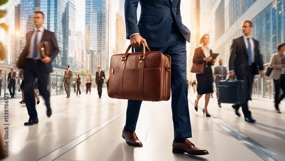 Elegant businessman, in a bustling city with an exquisite brown leather bag in his hand, Elegant businessman, in a bustling city with an exquisite brown leather bag in his hand,