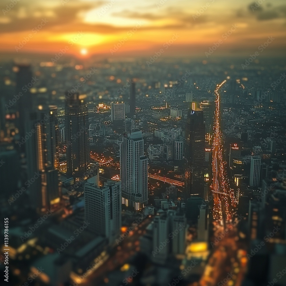 Fototapeta premium cinematic cityscape at sunset, tilt-shift lens for selective focus, HDR for balanced contrast, and high angle shot.