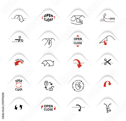 A set of icons for opening packaging. Set for package, shows the place of opening. Vector elements. Ready and simple to use for your design. EPS10.