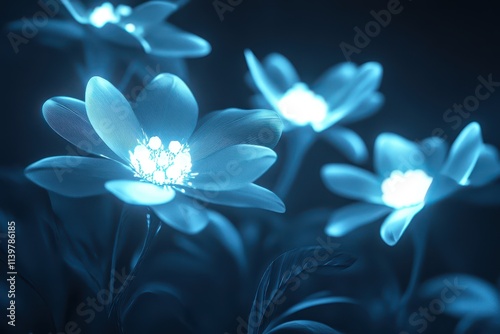 Hyperdetailed image of futuristic bioengineered flowers glowing softly in the moonlight