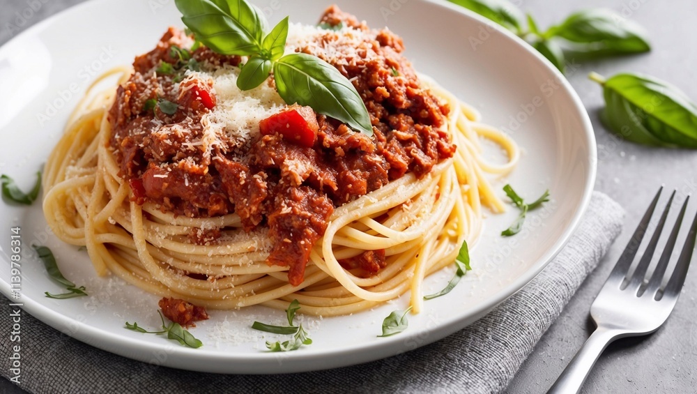 Close-up of spaghetti bolognese topped with fresh basil and grated cheese on a white plate, garnished with herbs on a gray table surface Close-up of spaghetti bolognese topped with fresh basil and grated cheese on a white plate, garnished with herbs on a gray table surface