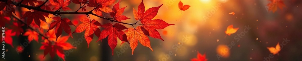 Fototapeta premium Amber hues on crimson leaves dance in autumn breeze, autumn, deciduous trees