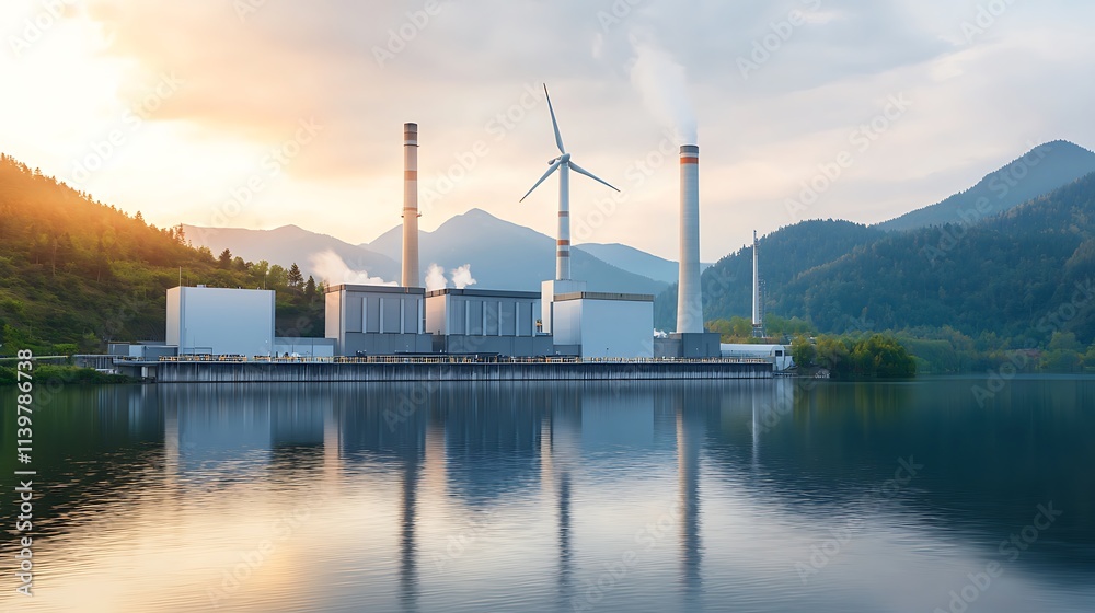 Power plant operations at sunset scenic lake location industrial landscape photography Power plant operations at sunset scenic lake location industrial landscape photography