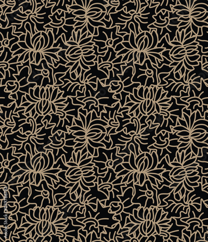 Japanese Overlap Flower Leaf Line Vector Seamless Pattern