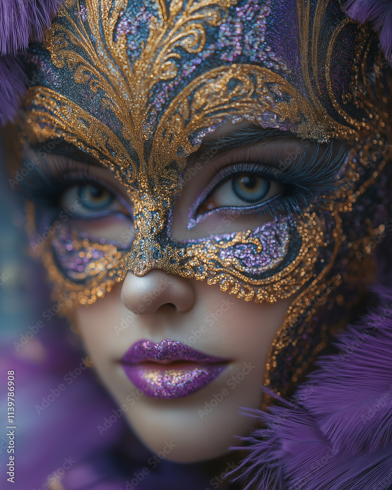 Close-up of a vibrant Mardi Gras mask with intricate gold and purple patterns, feathers, and glittering embellishments, emphasizing elegant details and textures.
Close-up of a vibrant Mardi Gras mask with intricate gold and purple patterns, feathers, and glittering embellishments, emphasizing elegant details and textures.
