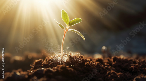 Young Green Seedling Sprouting from Rich Soil in Golden Sunrise Light, Symbolizing Growth and Renewal, spring, new life. World Soil Day, Earth Day, Arbor Day photo