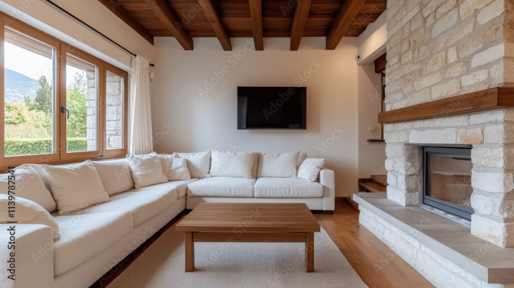 energy efficiency conservation optimization concept. Cozy living room with stone fireplace and large windows.
