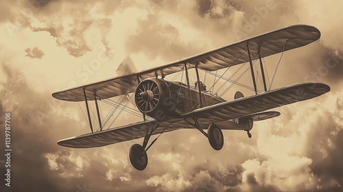Classic airplane in flight with a sepia-toned sky background
