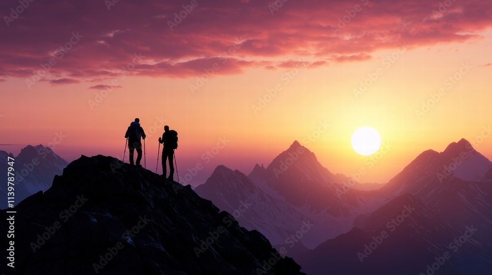 Adventurers watching a breathtaking mountain sunset Adventurers watching a breathtaking mountain sunset