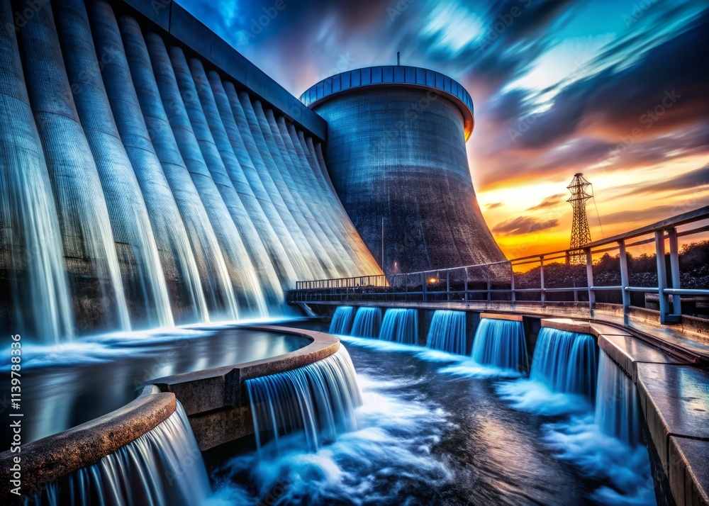 Naklejka premium Power Plant Cooling Tower Close-up: Industrial Water Cooling System, High-Resolution Image