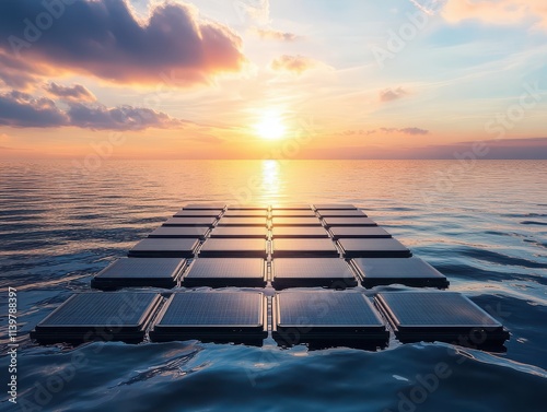 Renewable floating energy grids on calm ocean waters reflecting a beautiful futuristic sunset photo