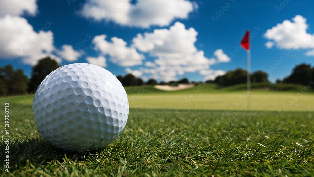 Obraz premium Golf ball sitting on lush green grass with red flag in background