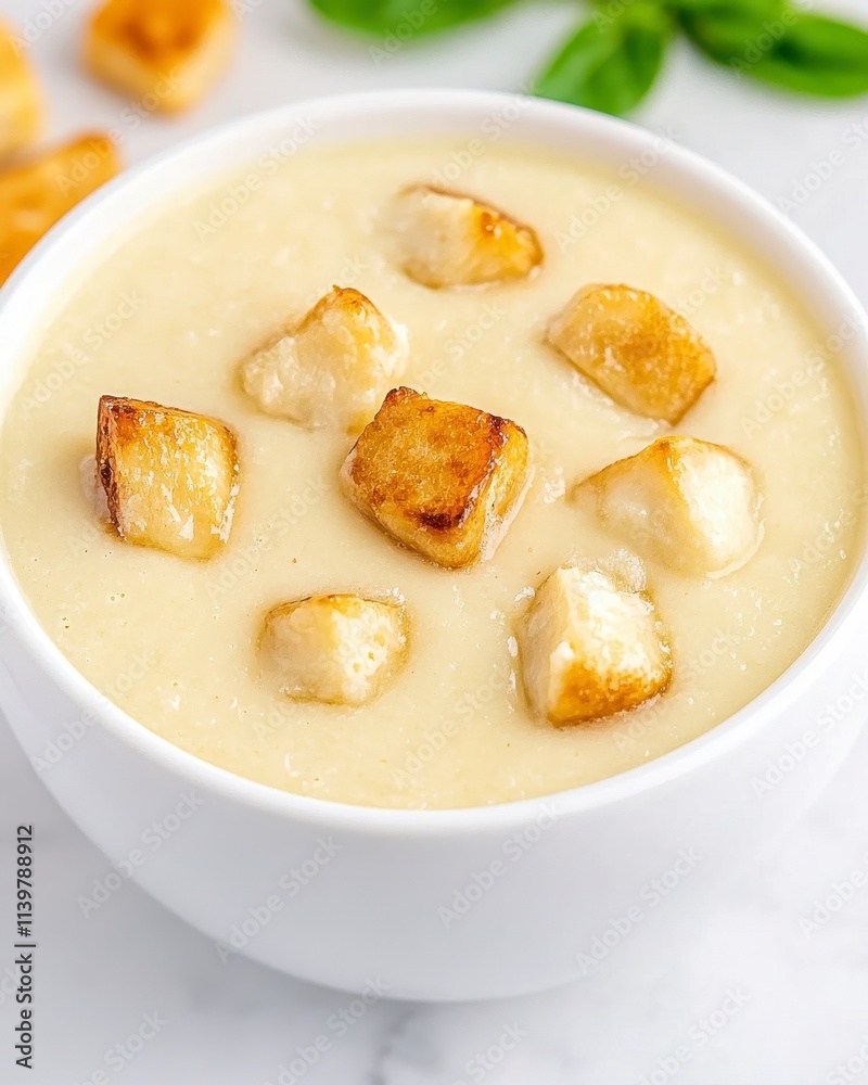 Creamy soup in bowl with crispy croutons. Creamy soup in bowl with crispy croutons.