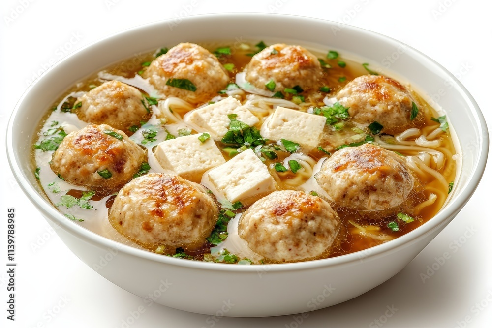 Delicious meatball soup with tofu in a white bowl. Delicious meatball soup with tofu in a white bowl.
