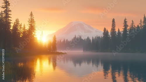 Sun setting over Mt. Rainier at Tipsoo Lake in Mount Rainier National Park. photo