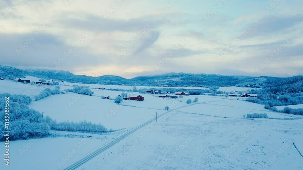 A Peaceful Scene of Wooden Cabins Nestled in a Secluded, Snow-blanketed Landscape - Wide Shot A Peaceful Scene of Wooden Cabins Nestled in a Secluded, Snow-blanketed Landscape - Wide Shot