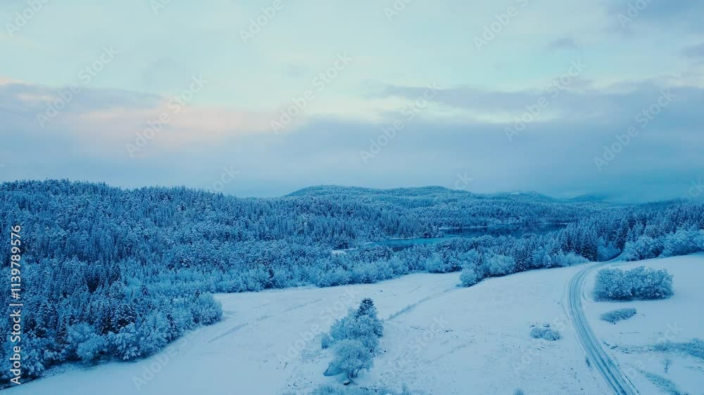 A Wooden Cabin Nestled in a Secluded, Snowy Landscape - Pan Up Shot A Wooden Cabin Nestled in a Secluded, Snowy Landscape - Pan Up Shot