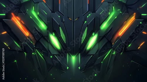 Abstract futuristic mecha design. Green and orange accents.