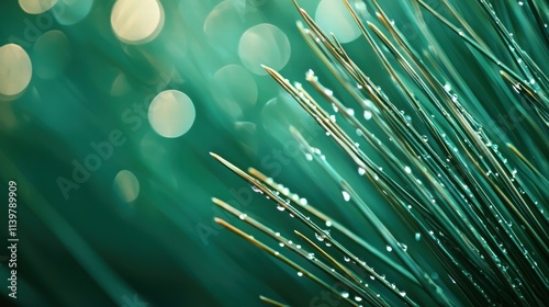 Close-up of dew-kissed grass blades with bokeh effect photo