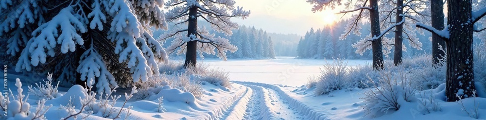 Frosty forest path with snow-covered trees and a frozen lake in the background, icy, frost, serene Frosty forest path with snow-covered trees and a frozen lake in the background, icy, frost, serene