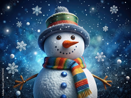 Snowman vector illustration set against a dark blue backdrop, capturing a surreal, realistic style perfect for winter, holiday celebrations, Christmas, and festive winter wonderland themes. photo