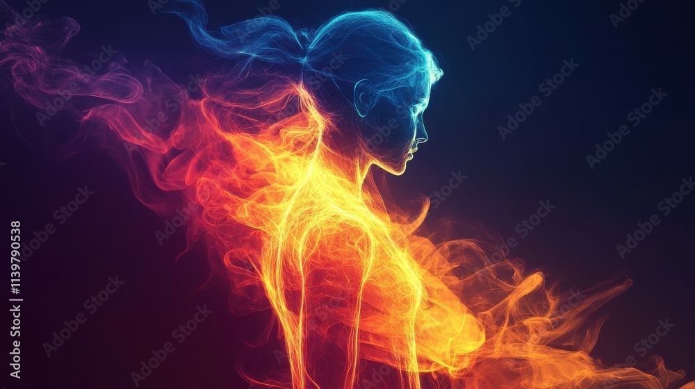 Abstract figure outlined in vibrant colors against a dark background Abstract figure outlined in vibrant colors against a dark background