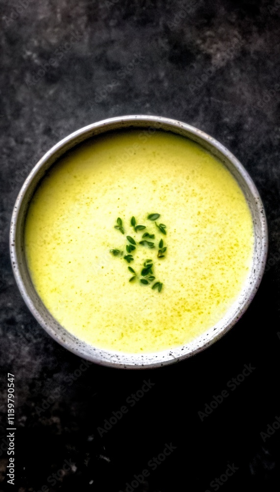 Creamy yellow soup in a bowl, garnished with herbs. Creamy yellow soup in a bowl, garnished with herbs.
