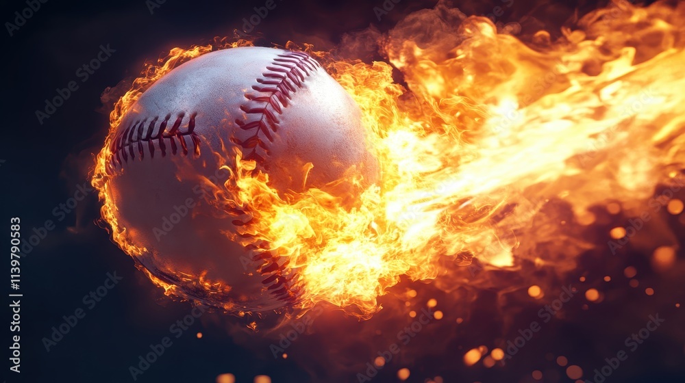 Flying baseball in flames on black background,Hot baseball ball in fires flame,Closeup Baseball player hitting ball with bat,home run,baseball field with grandstand,sport day,space for text. Flying baseball in flames on black background,Hot baseball ball in fires flame,Closeup Baseball player hitting ball with bat,home run,baseball field with grandstand,sport day,space for text.