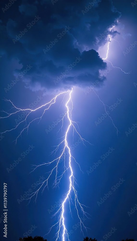 Electric storm in dark blue sky with forked lightning bolts, cloud, weather Electric storm in dark blue sky with forked lightning bolts, cloud, weather