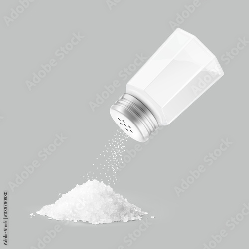 Heap salt with salt shaker mockups realistic vector illustration isolated on grey background. Ready for use in your design. EPS10.	