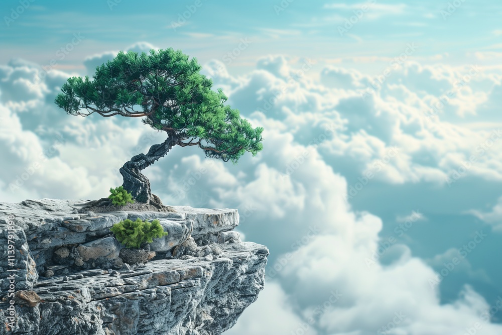 Obraz premium A solitary tree stands majestically on a rocky cliff above the clouds under a bright sky.