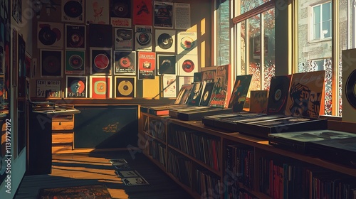 Classic record shop with vinyl albums on display and posters photo