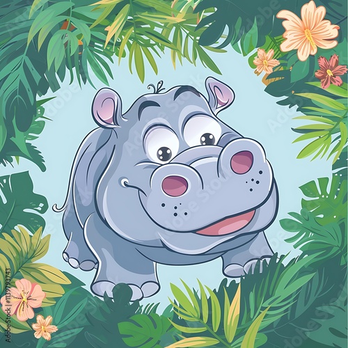 Playful cartoon hippo surrounded by lush greenery digital art vibrant colors whimsical design photo