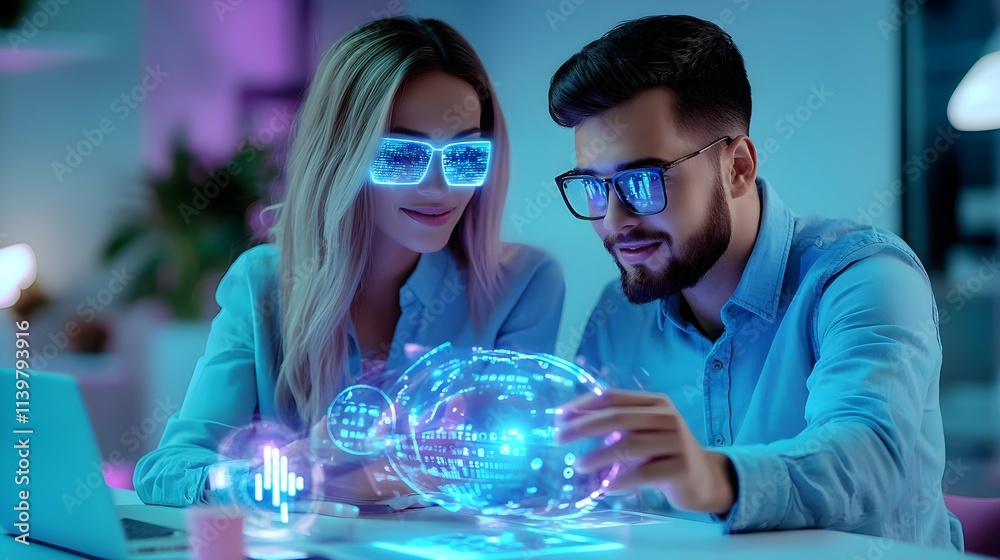 futuristic tech couple, data globe, ar glasses - metaverse futuristic tech couple, data globe, ar glasses - metaverse