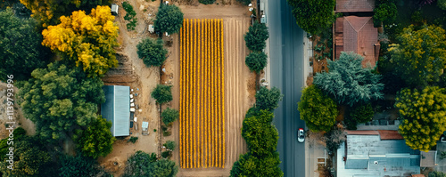 Aerial View of a Farmland, Golden Crops Divided by a Road, Surrounded by Lush Green Trees and Houses photo