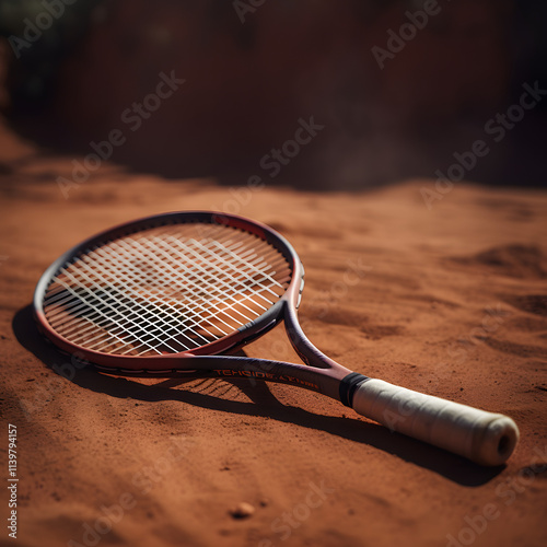 Tennis racket on red clay court