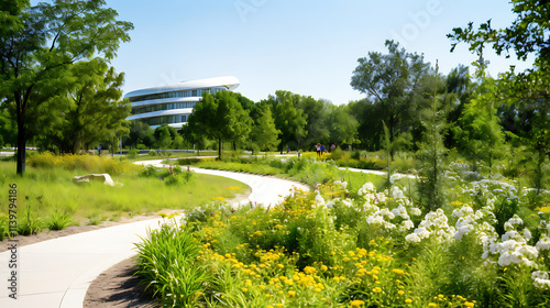 Wildflowers blooming in city park rewilding urban landscape