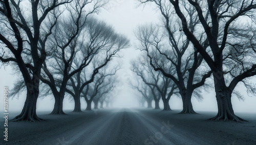 Foggy road vanishing in the distance surrounded by bare trees