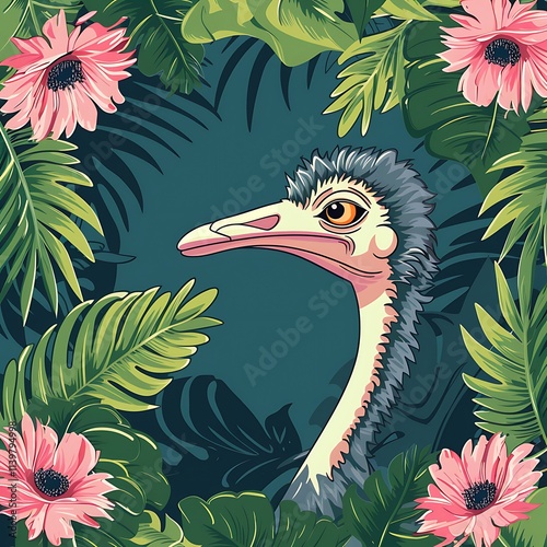 Ostrich portrait surrounded by vibrant flowers tropical jungle digital art exotic environment close-up view photo