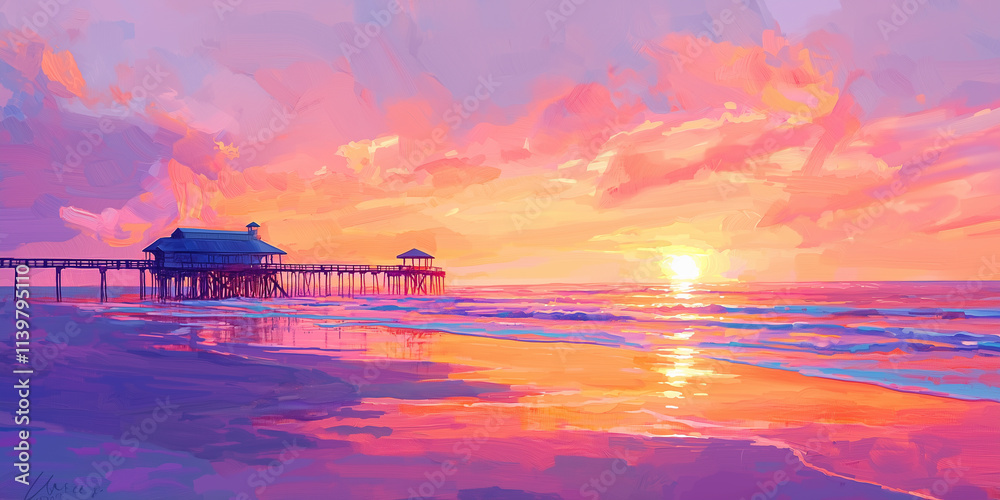 Fototapeta premium Folly Beach Pier Charleston SC Atlantic Coast. Folly Beach Pier Charleston SC Coast Atlantic Ocean Pastel Sunrise vacation destination scenics 